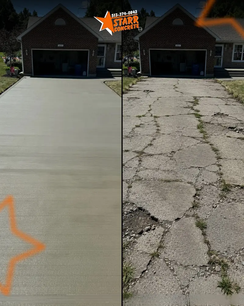 Cracked driveway beside the same driveway rebuilt in new concrete