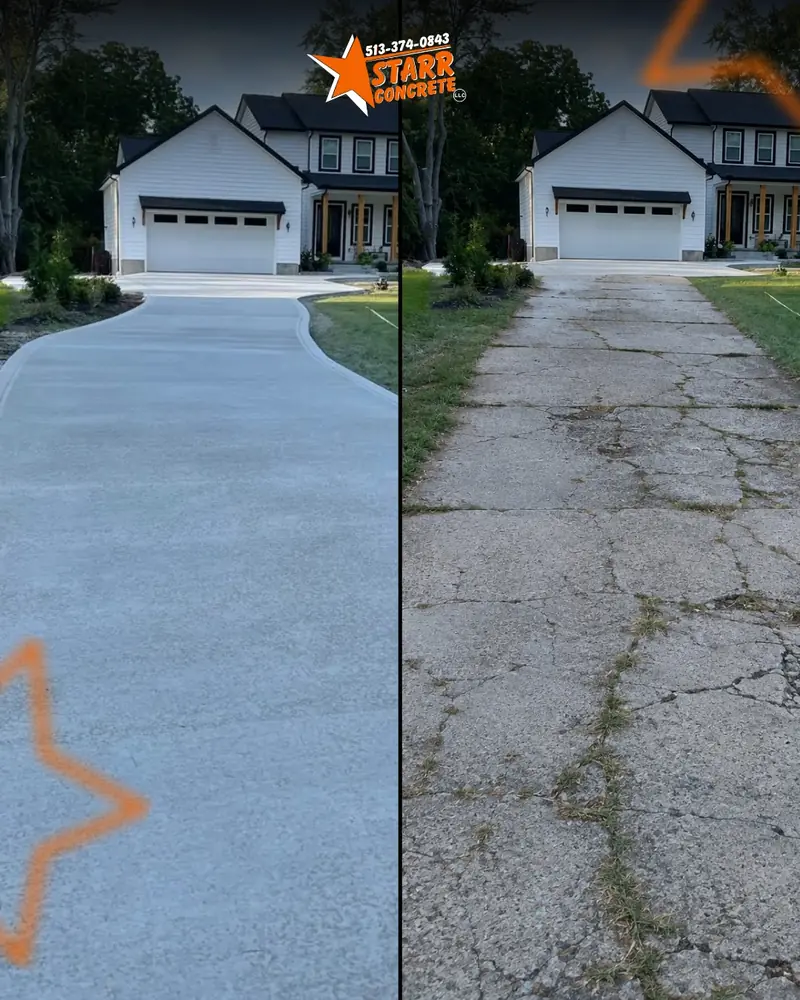 Old cracked slab beside a new poured concrete driveway