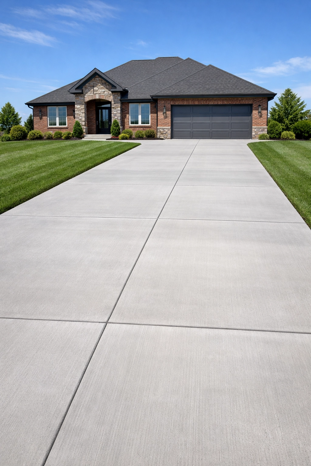 Clean concrete driveway with stone house