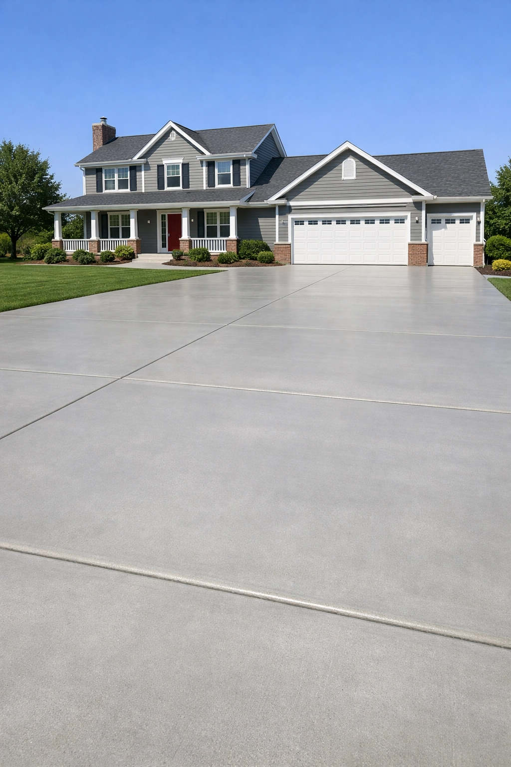 Wide concrete driveway with two-story home